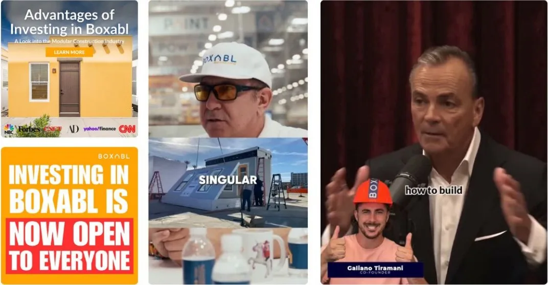 Boxabl investment ads and founder video stills