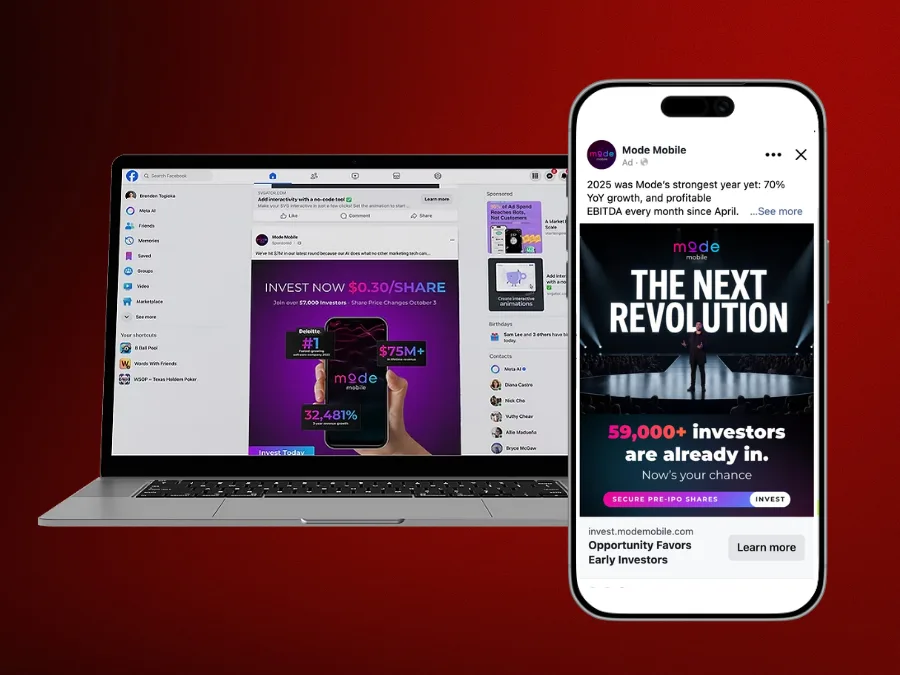 Mode Mobile investor ad shown on laptop and phone