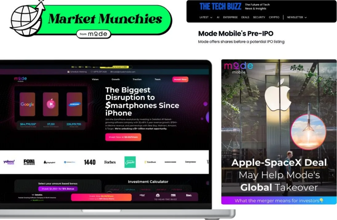 Mode Mobile raise page, press coverage and ad creative
